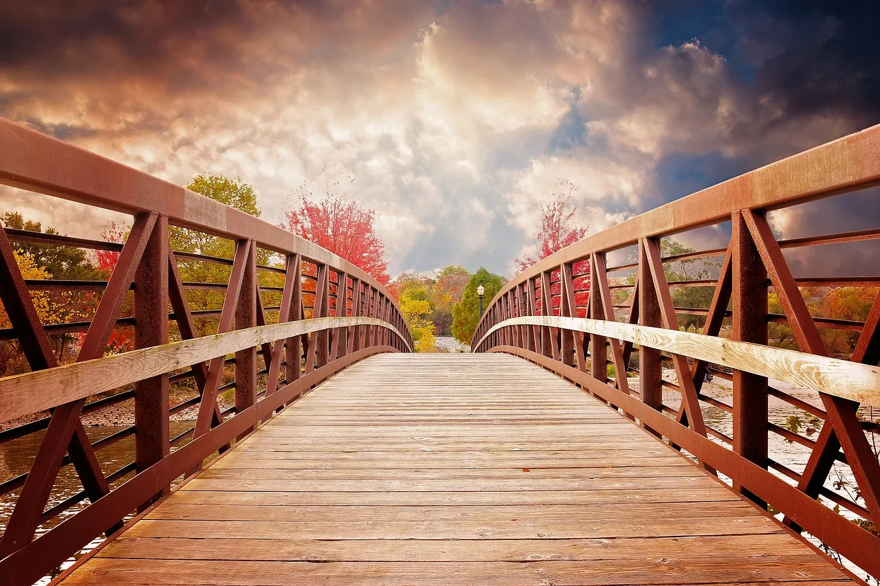 Wooden bridge in a scenic outdoor setting.