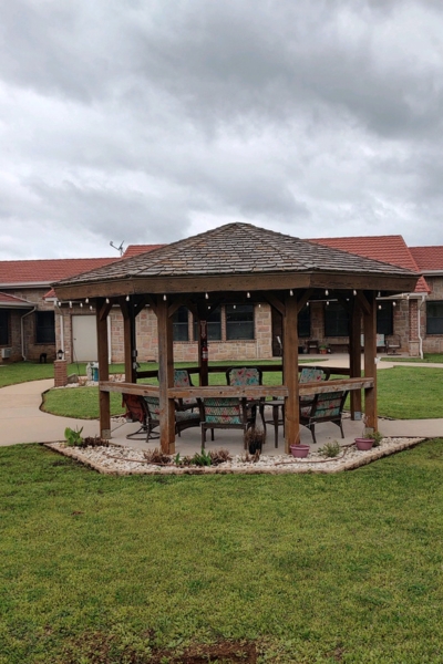 Outdoor gazebo area with seating