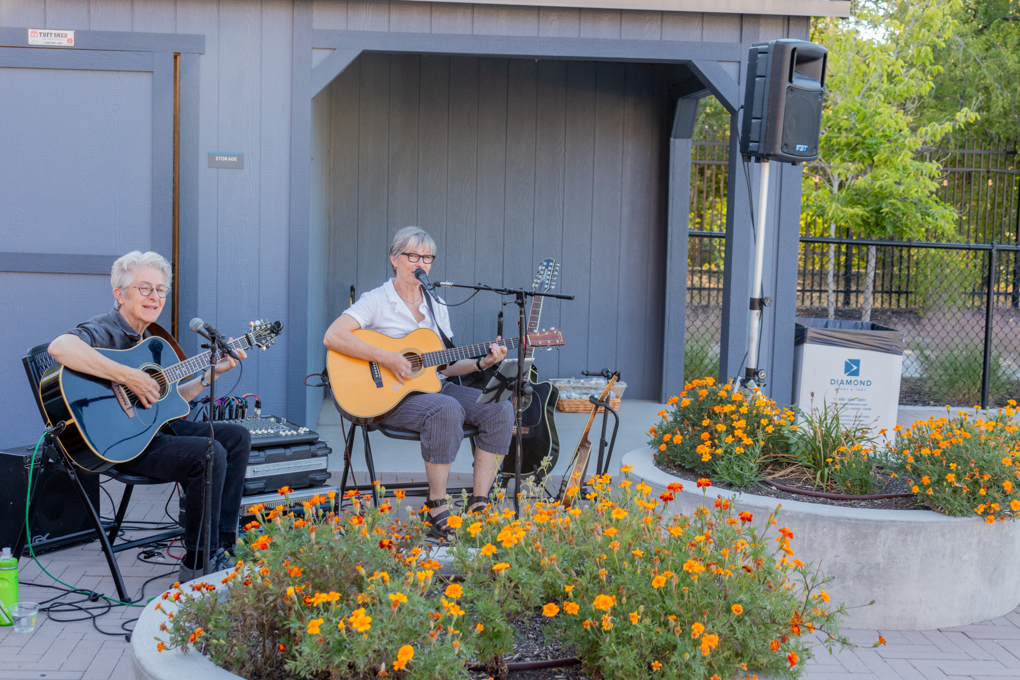 Two musicians performing outside among flowers.