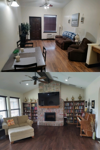 Comfortable common area with seating and bookshelves