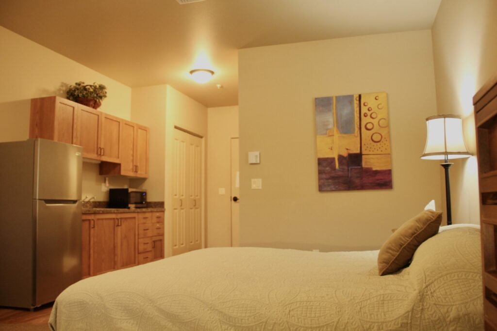 Cozy private room with bed and kitchenette.