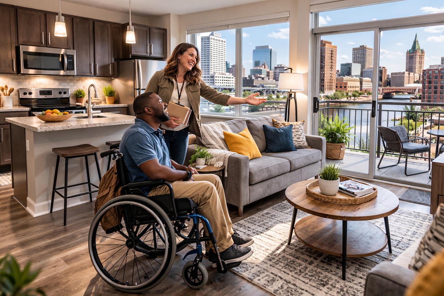 Resident and staff member in a bright, welcoming living space.