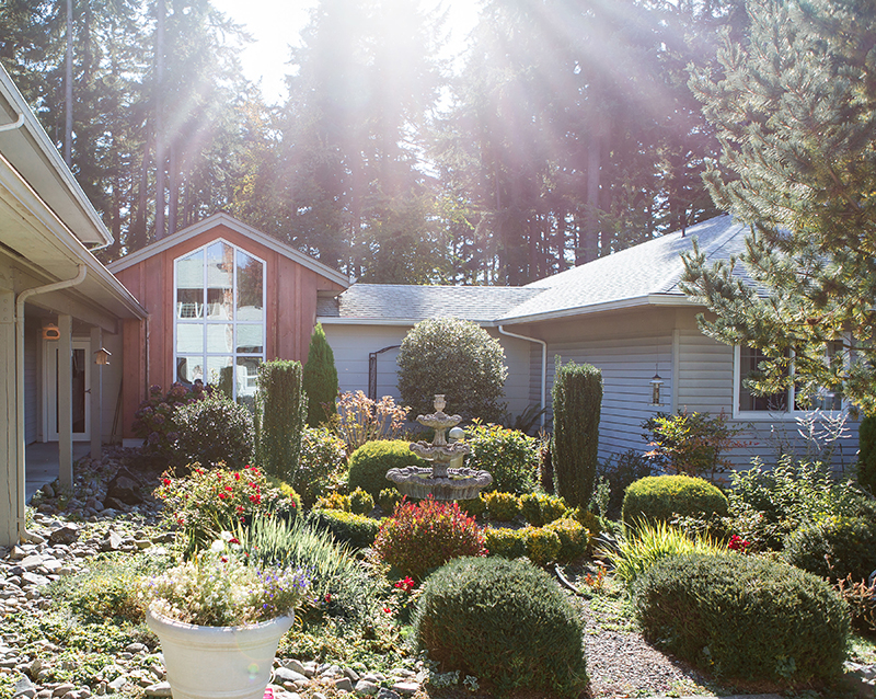 A serene outdoor garden with flowers and a fountain