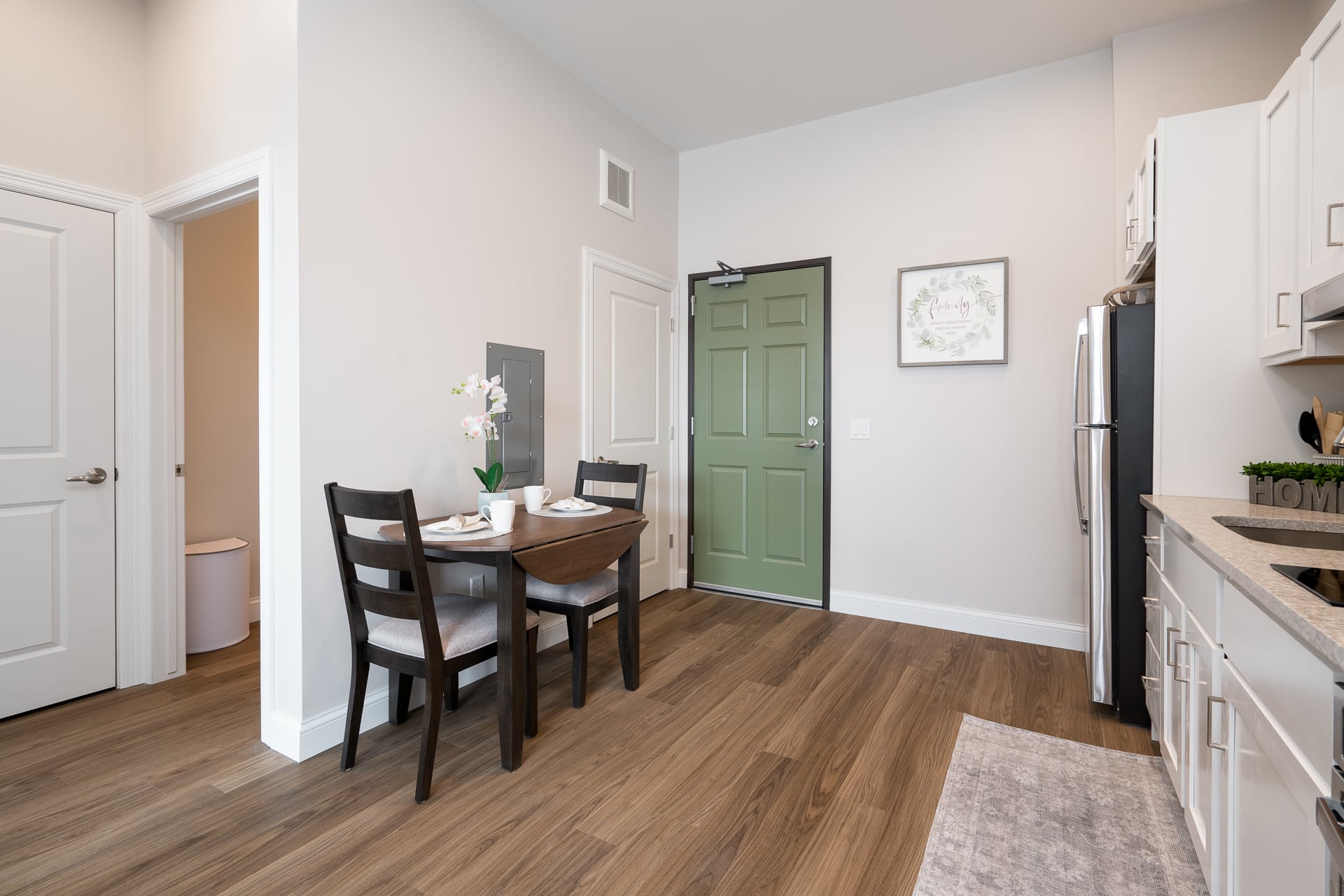 Cozy kitchenette area in a senior living apartment.