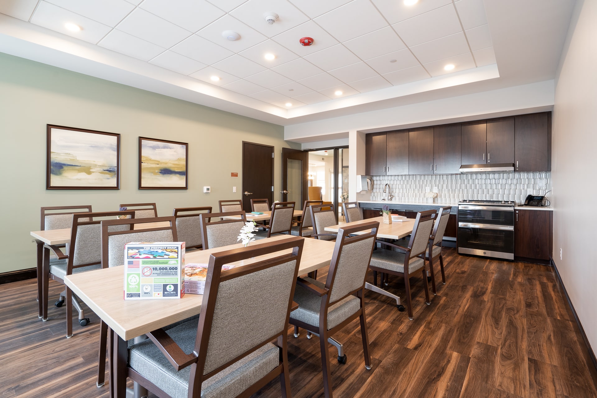 Bright dining room with tables and chairs