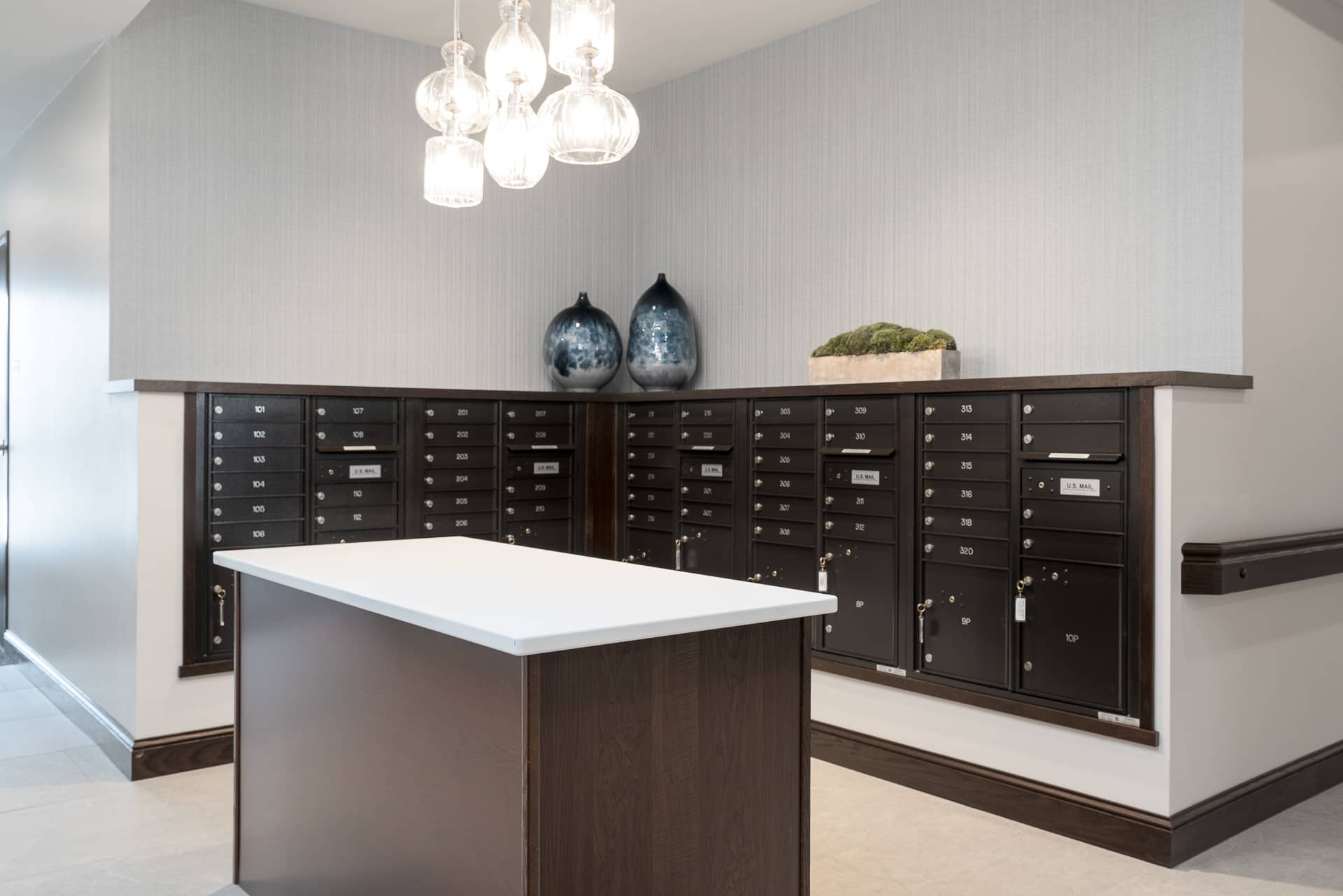 Mailboxes in a modern lobby area