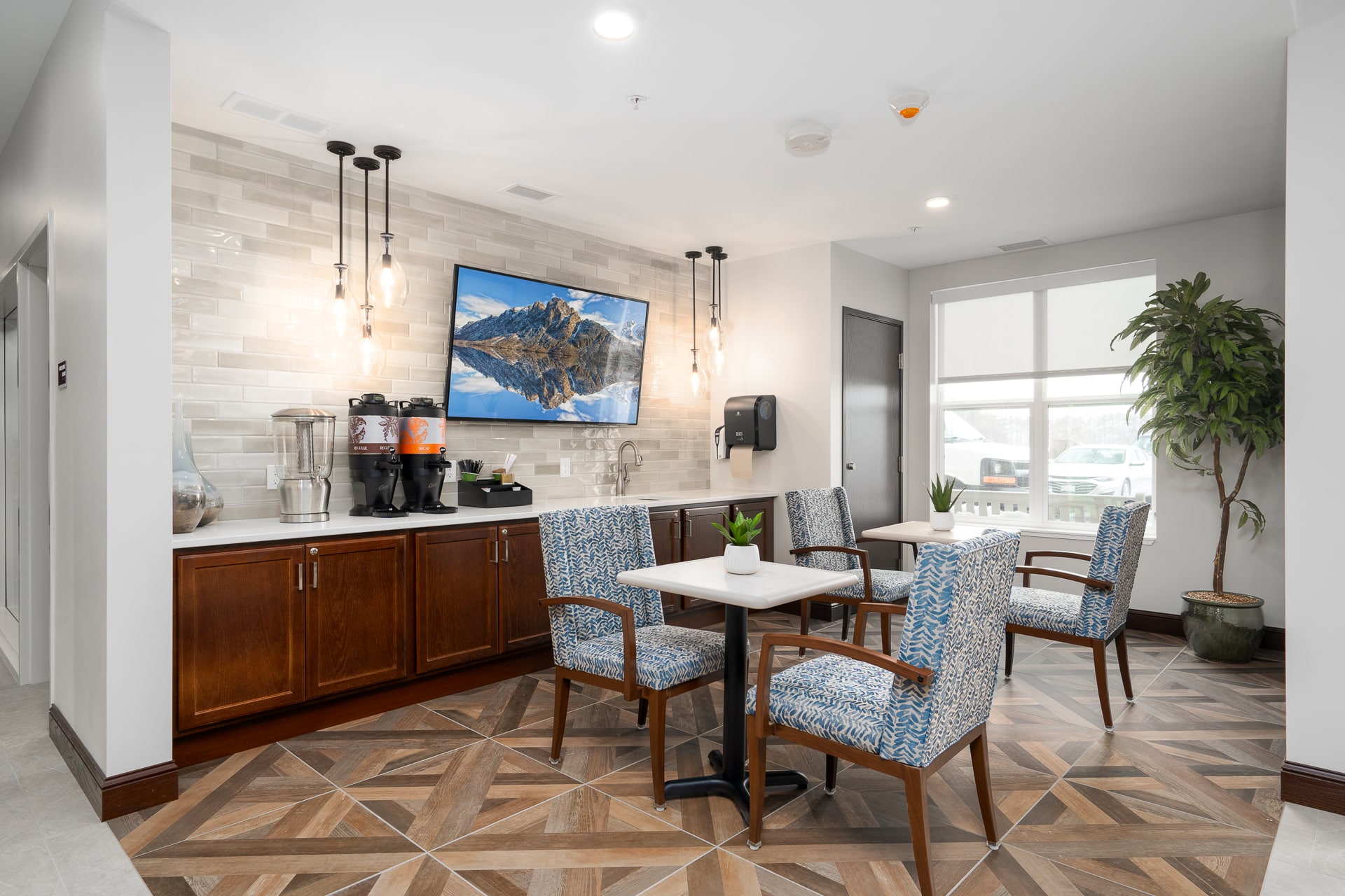 Common area with seating and coffee station
