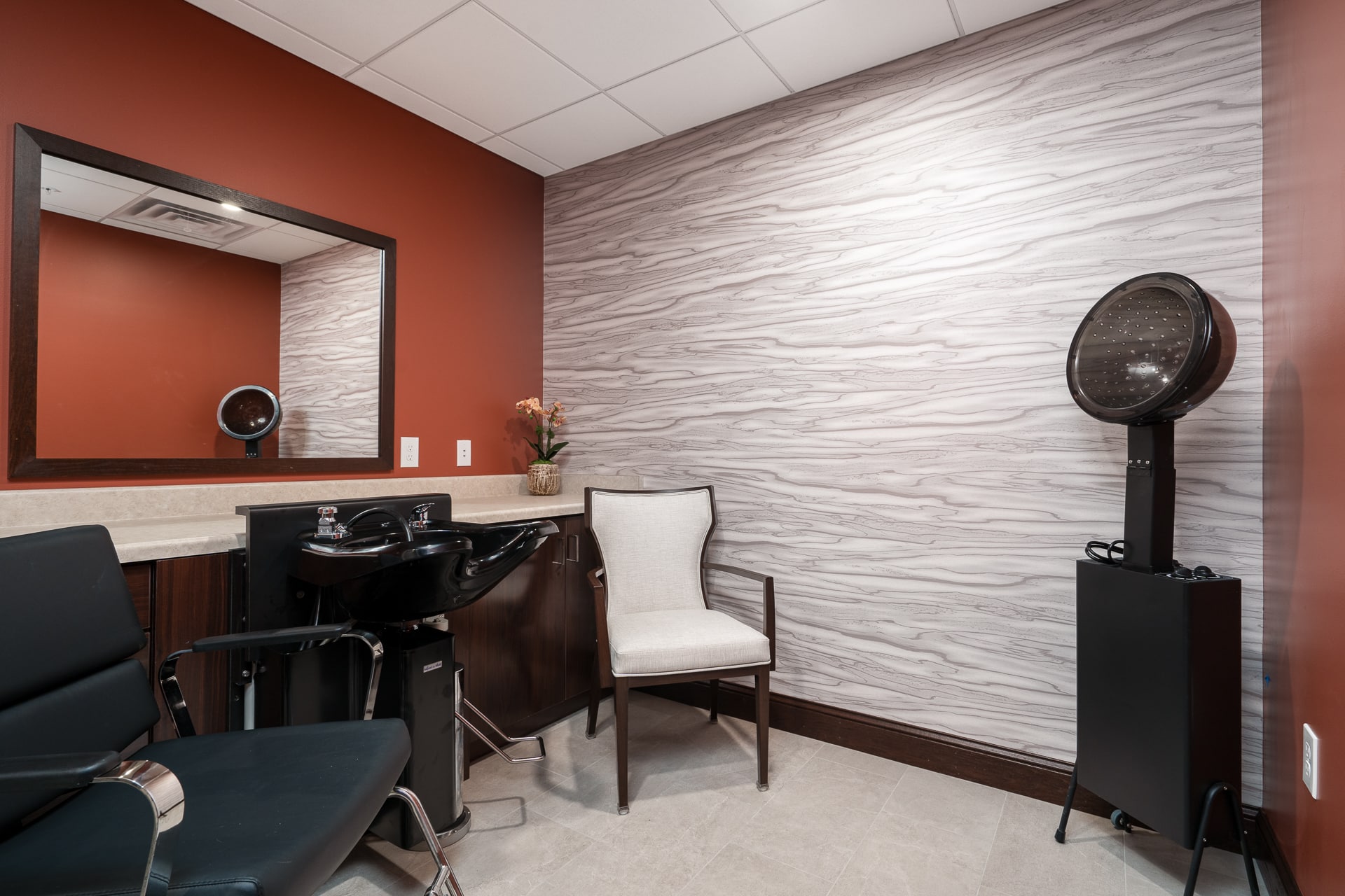 Hair salon space in a senior living facility.