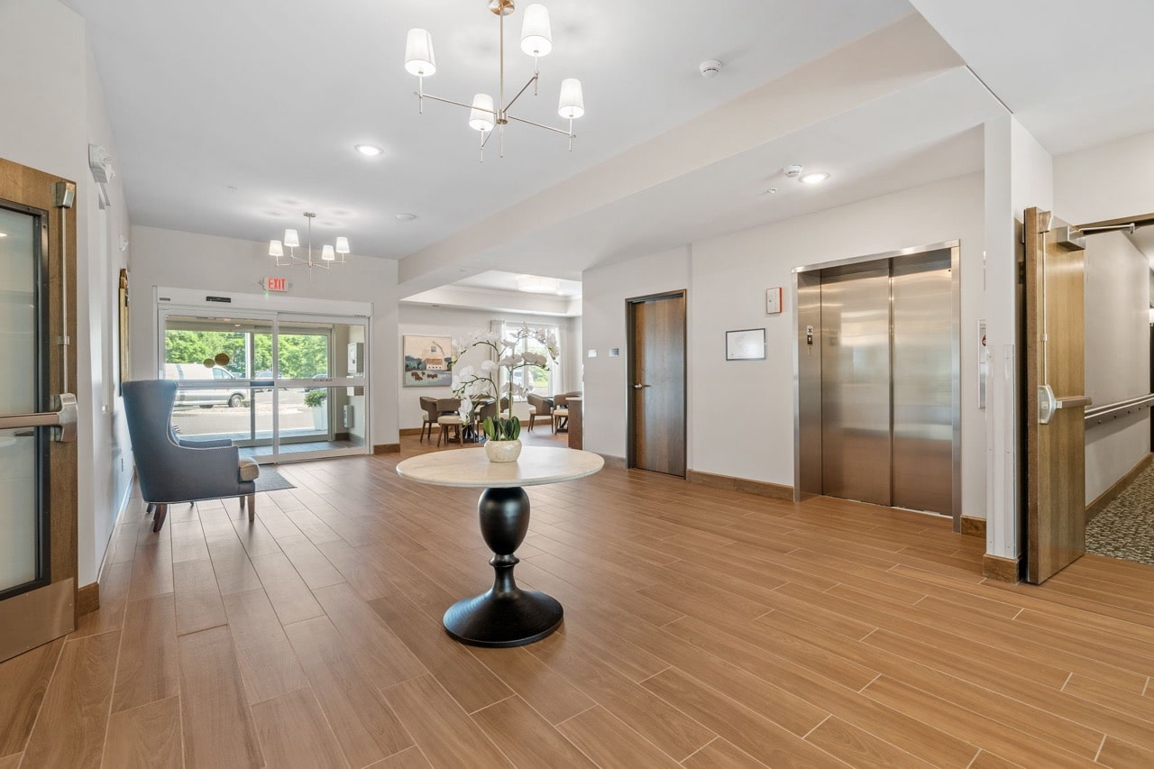 Welcoming lobby area with seating and natural light