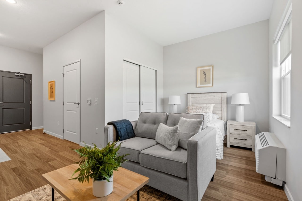 Bright living space with a sofa and bed.