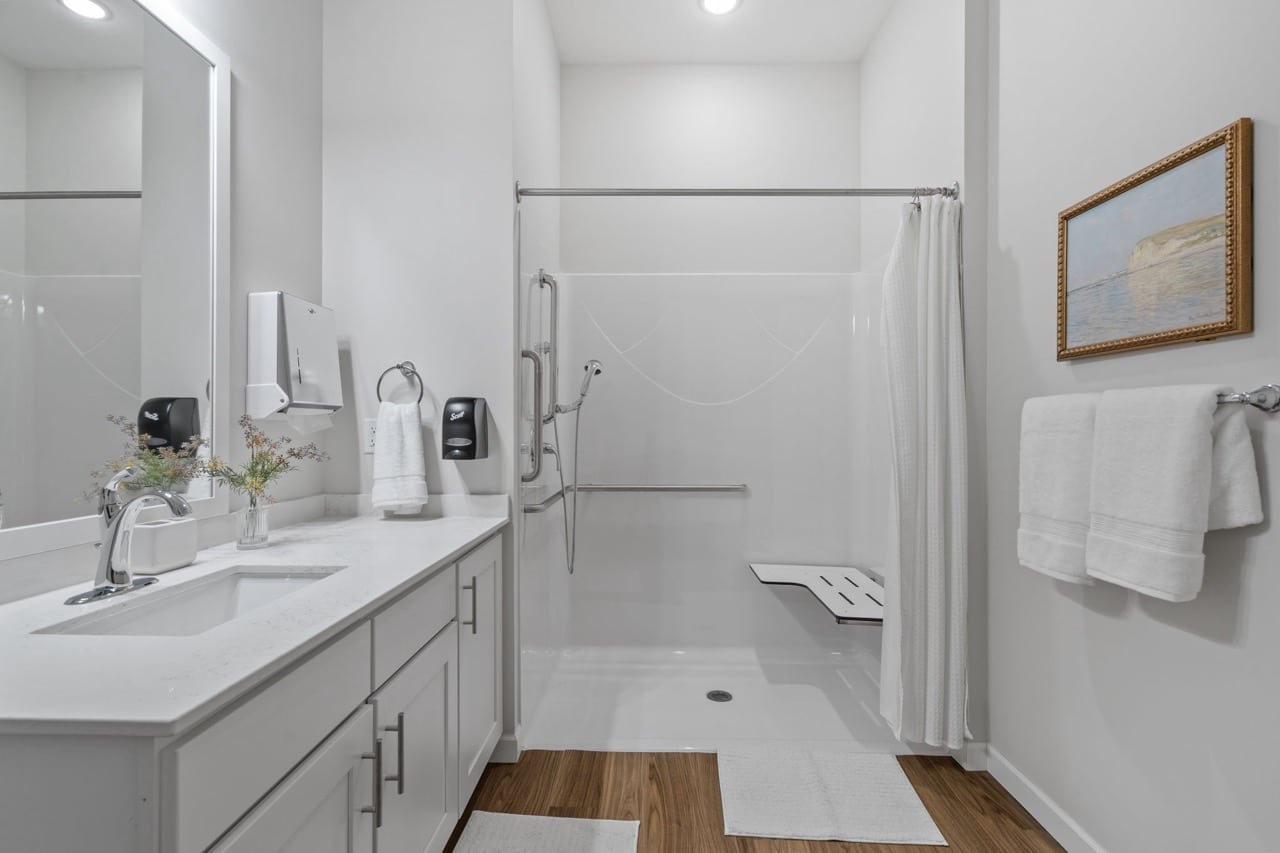 Accessible bathroom with modern amenities and decor.