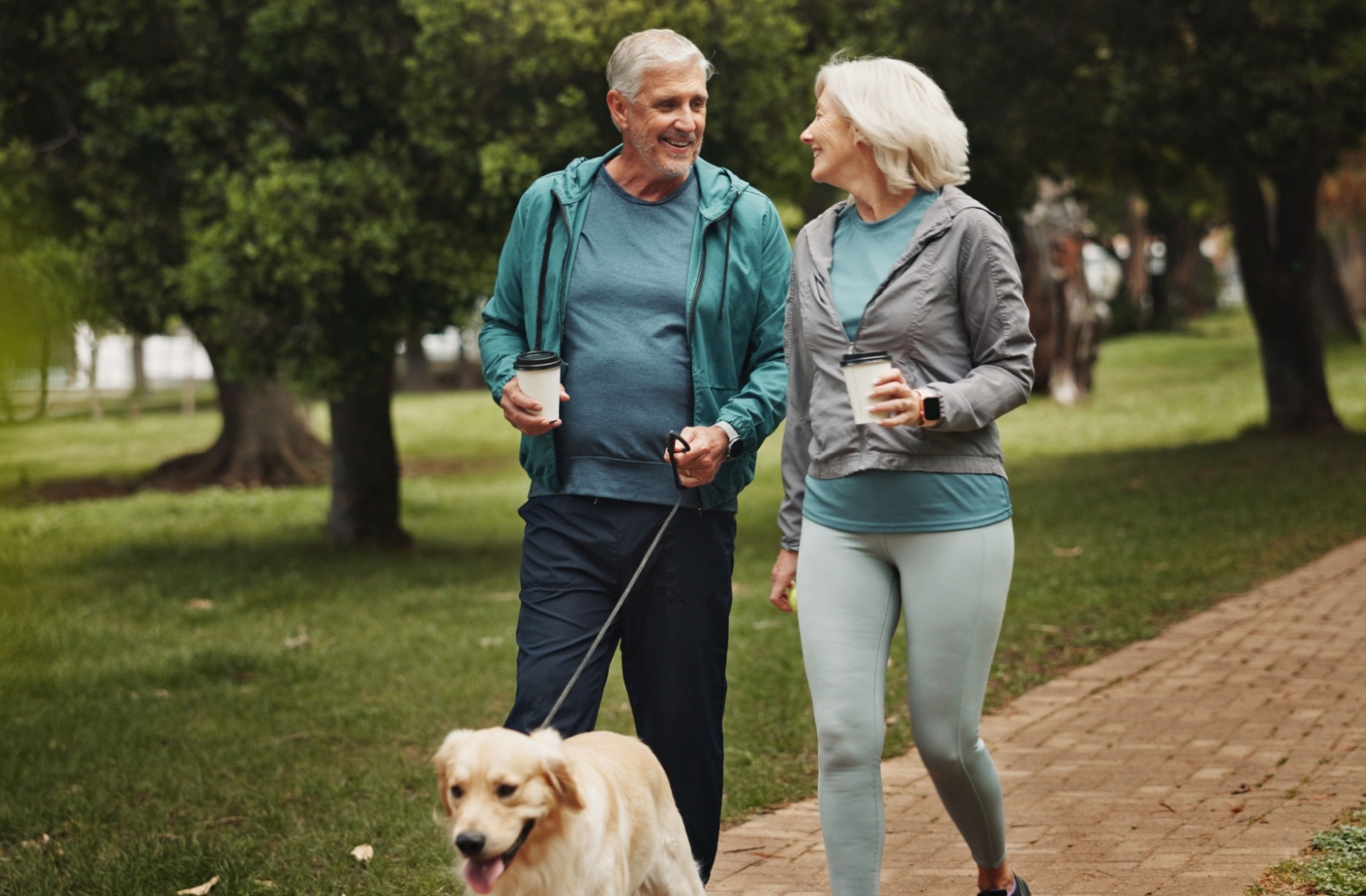 Two seniors enjoying a walk in the park with a dog.