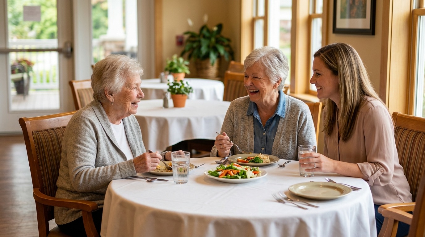 Three women enjoying a meal together in a dining area.