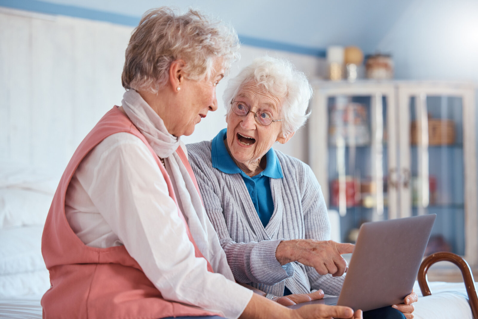 Two senior women engaged with a laptop
