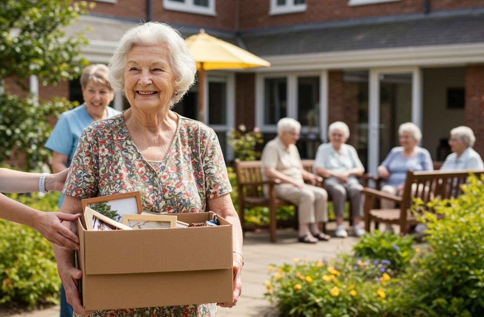 A senior woman carrying a box with others in the background.