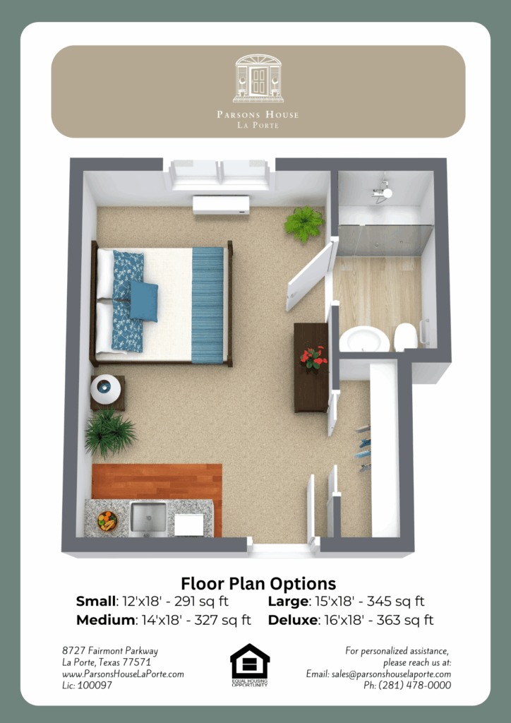 Architectural floor plan of living options.