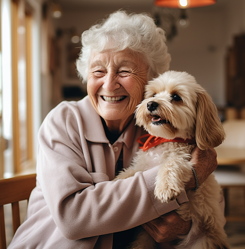 Elderly woman smiling with a dog