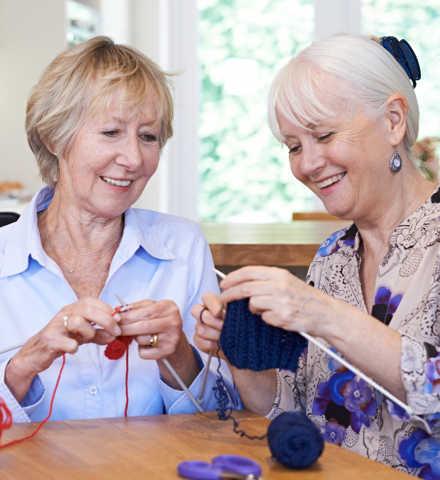 Two seniors knitting together indoors.