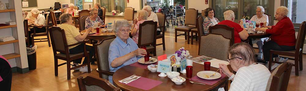 Residents enjoying a meal in the dining room