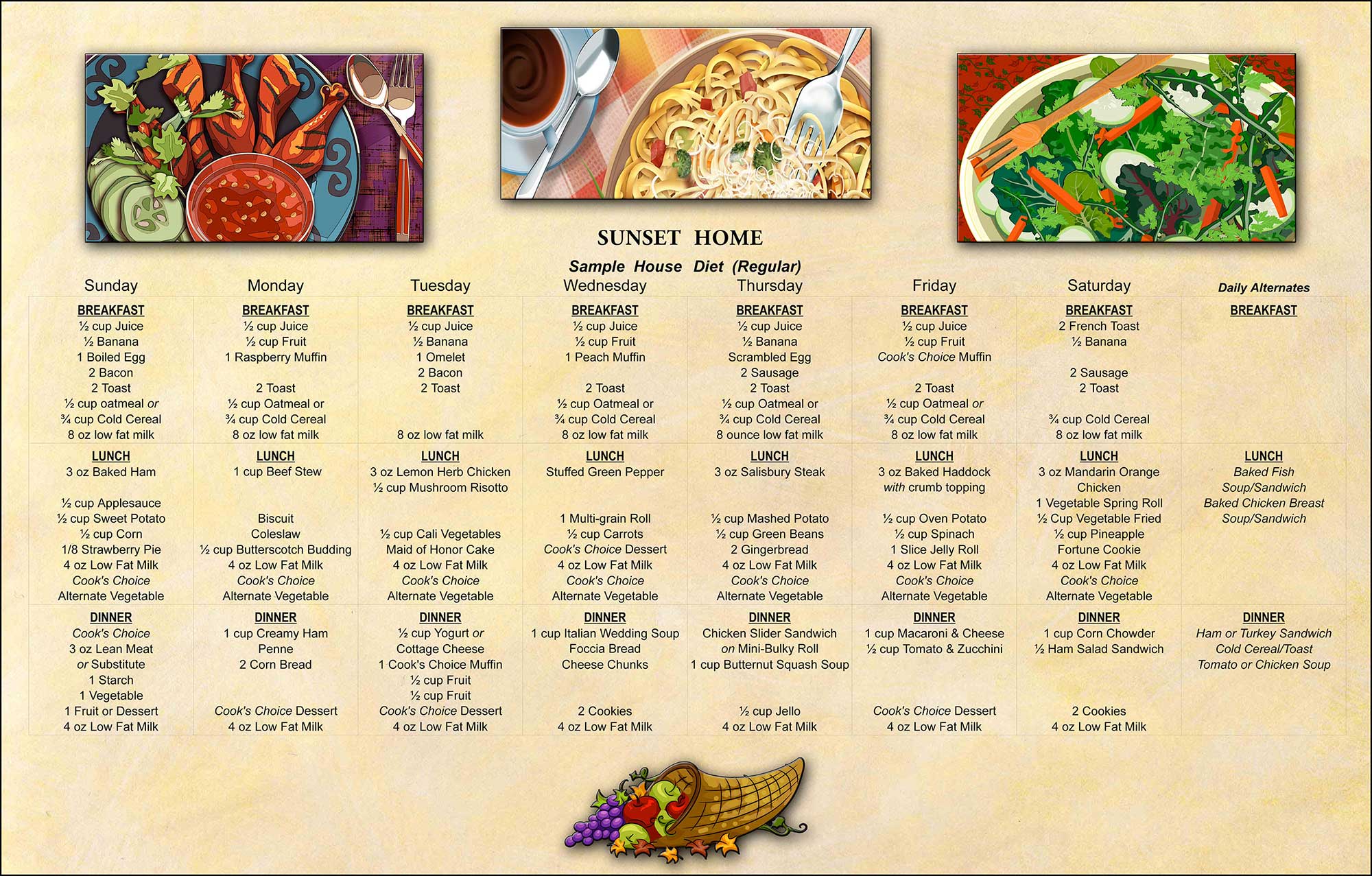 Weekly menu for Sunset Home dining