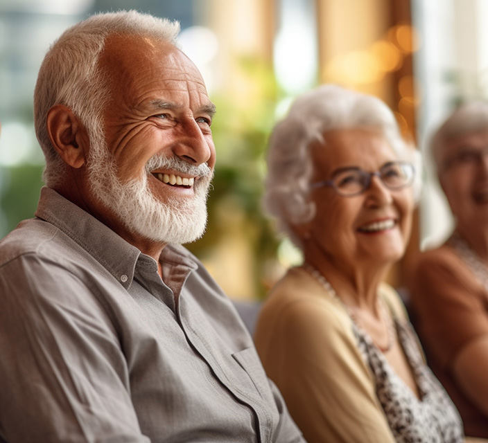 Happy seniors enjoying a social gathering indoors.
