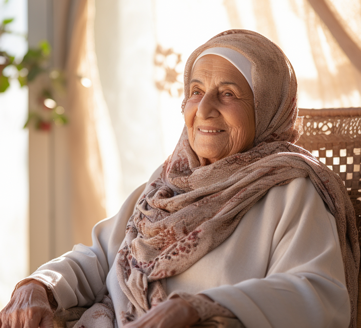Senior woman smiling softly in a cozy setting.