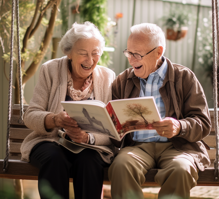 Elderly couple enjoying a book on a swing