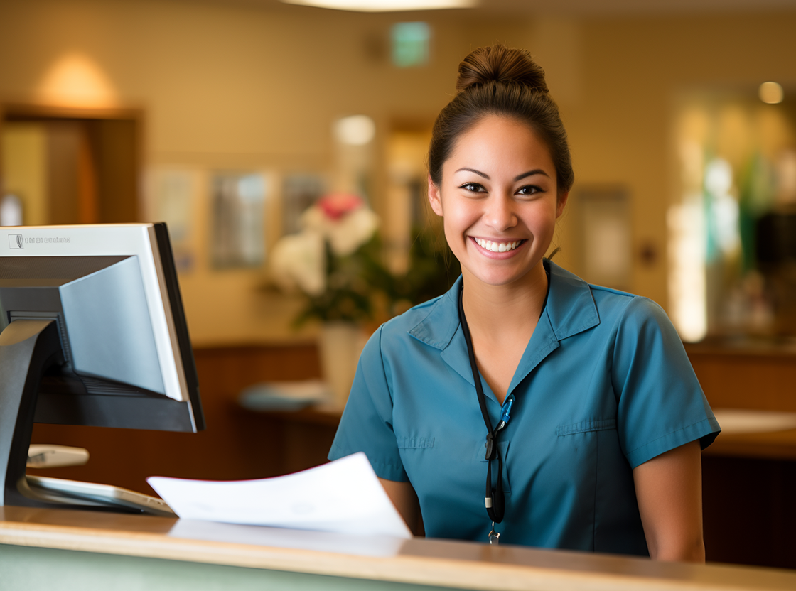 Receptionist smiling at the front desk.