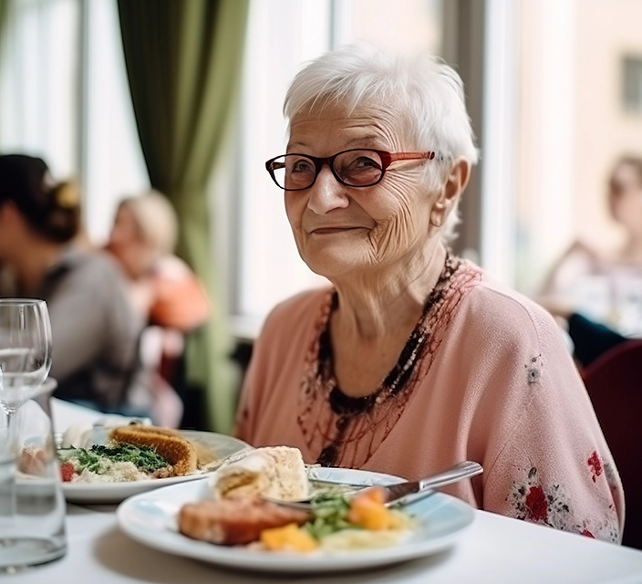 Senior woman enjoying a meal in the dining room.
