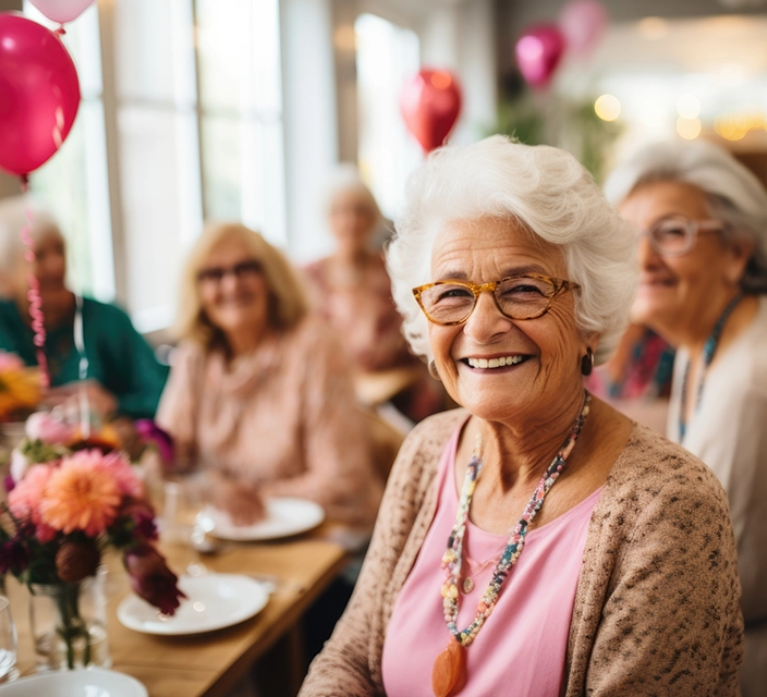 Happy seniors enjoying a celebration at a common area.