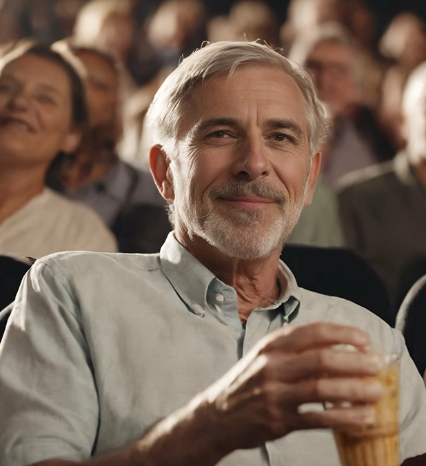 Smiling elderly man enjoying a drink at an event.