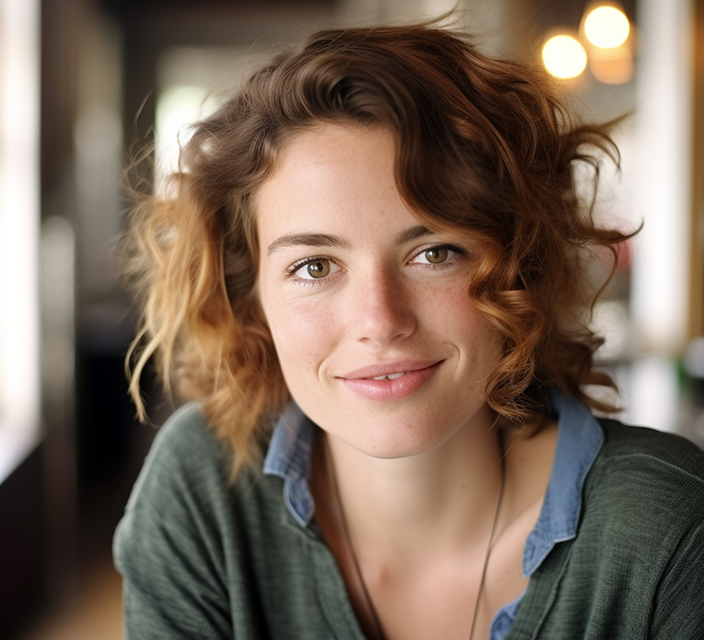 Smiling young woman in a casual setting.