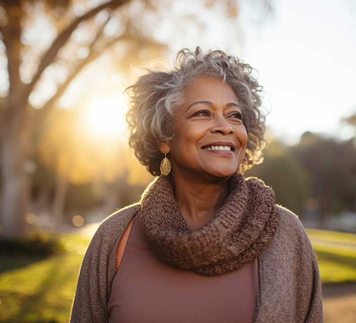 Senior woman smiling outdoors in natural light.
