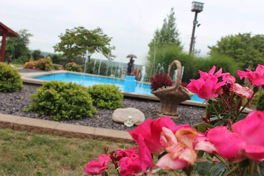 Beautiful outdoor garden with flowers and water fountain.