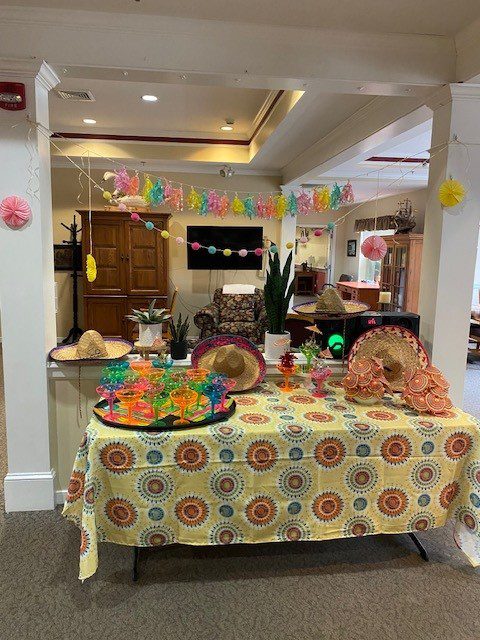 Colorful decorations for a social celebration in the common area.