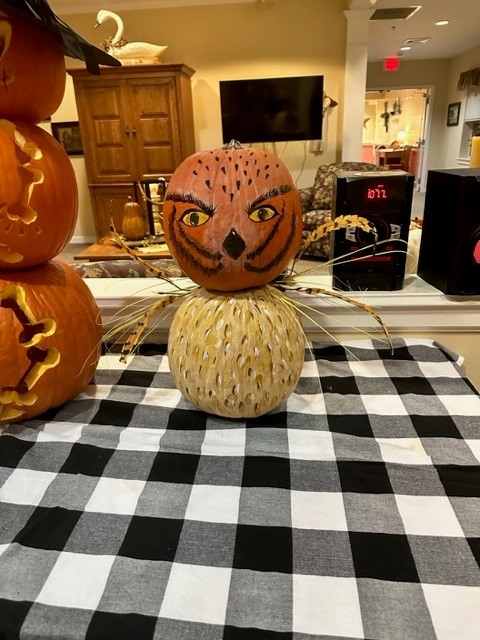 Decorative pumpkin display in a common area.