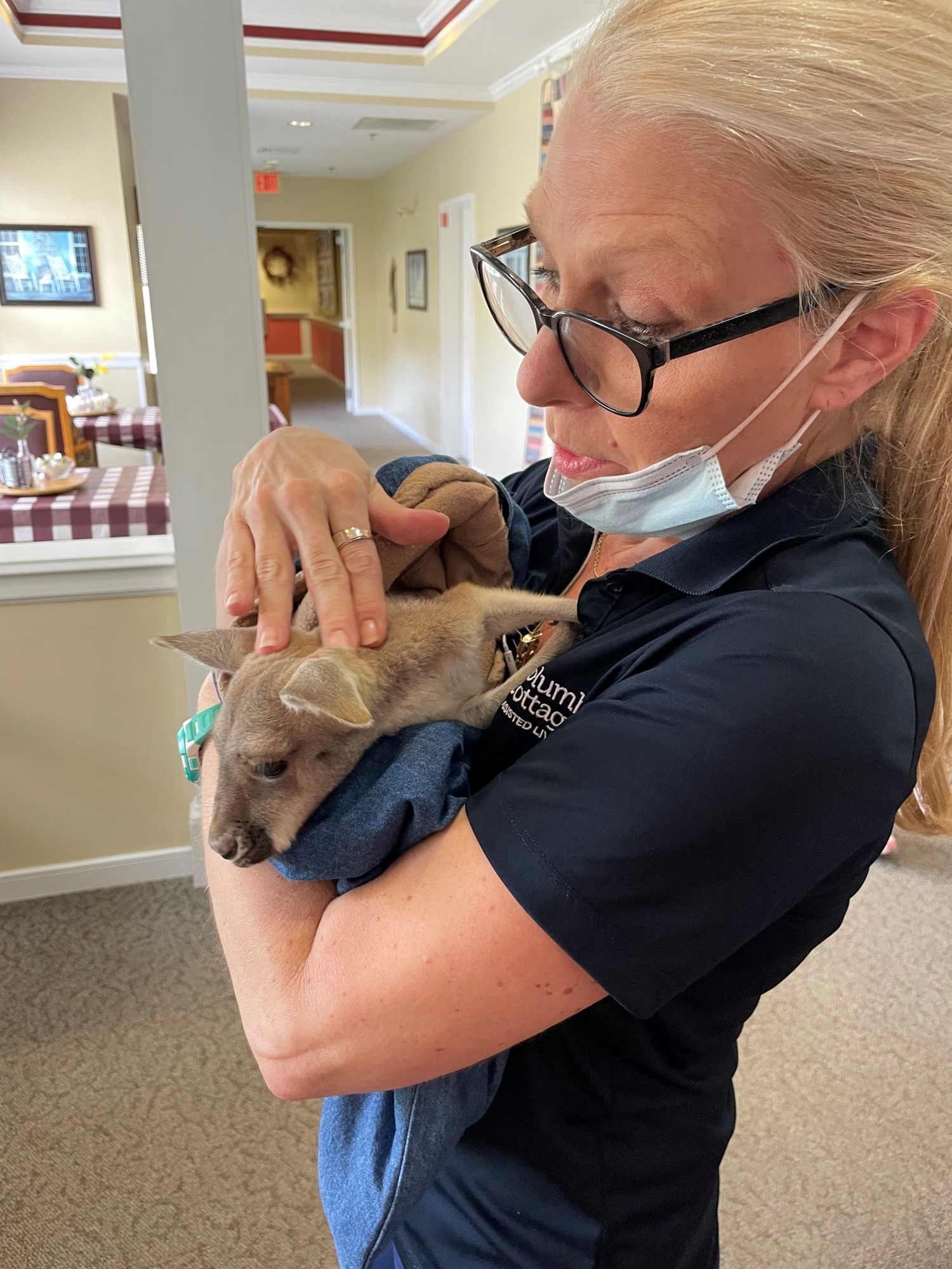 Staff member holding a small animal indoors.