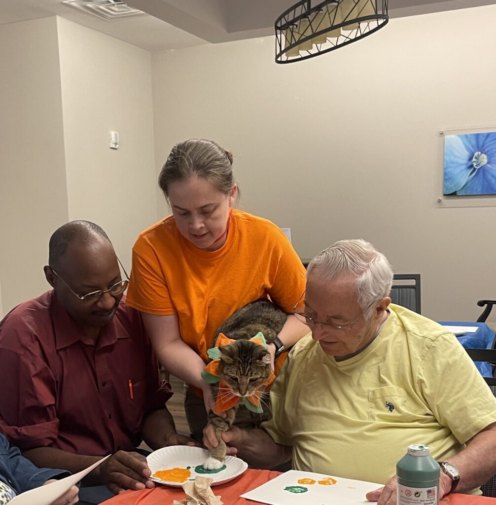 Residents and staff interacting with a cat during an activity.
