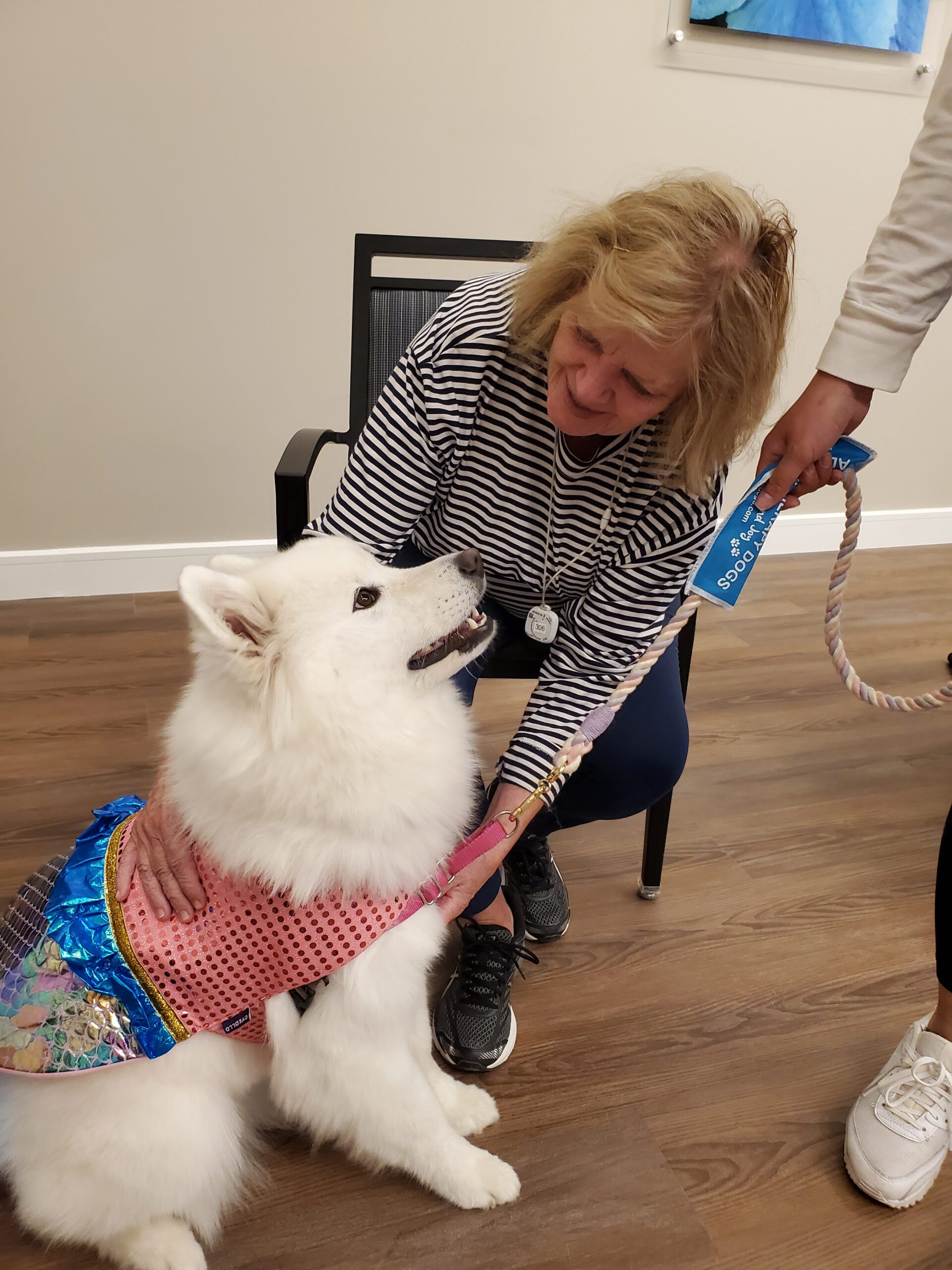 Resident interacting with a therapy dog indoors.