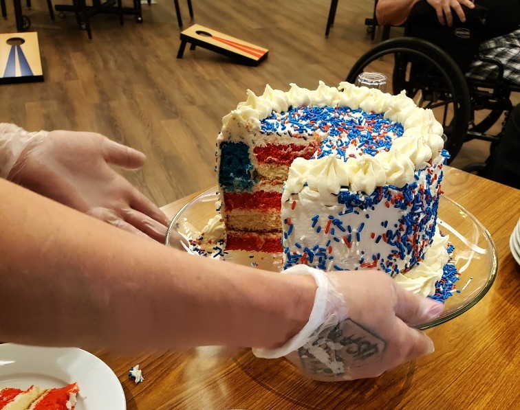 Celebration cake with red, white, and blue sprinkles