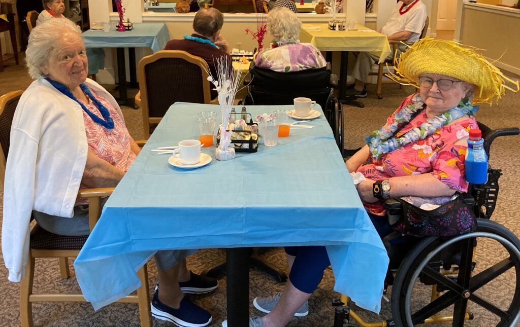 Residents enjoying a festive meal together.