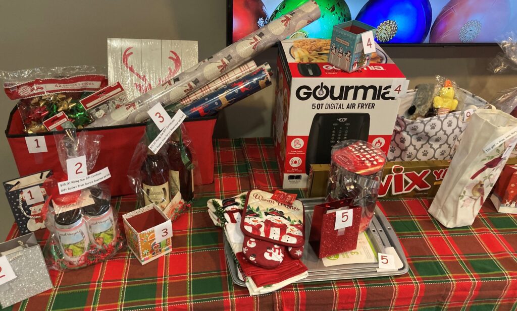 Gift baskets set up for a holiday event.