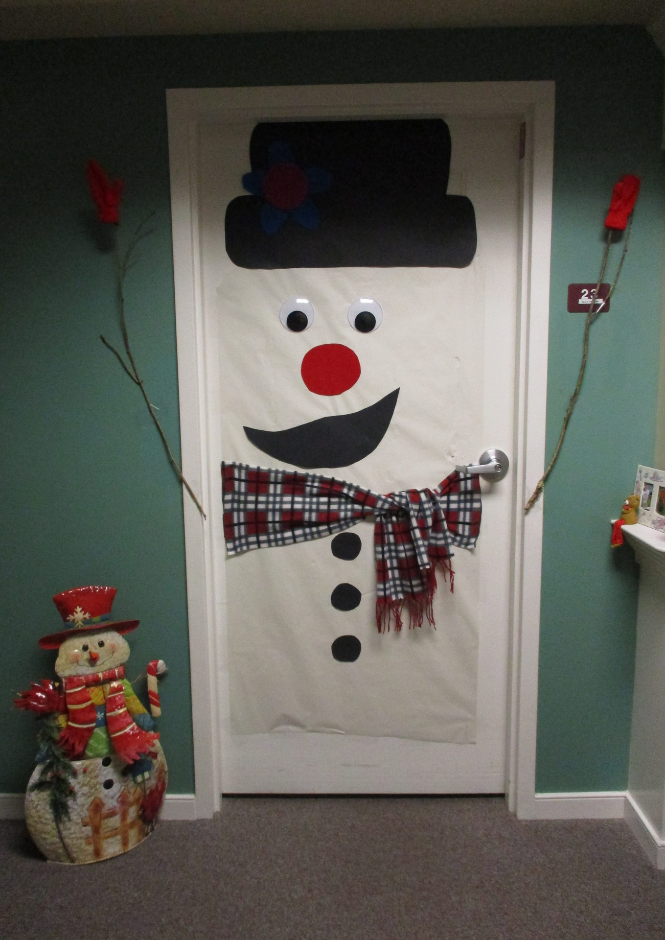 Decorated door with snowman theme for winter