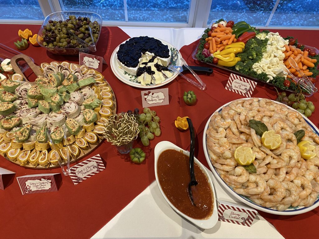 A table set with various types of food and decorations.