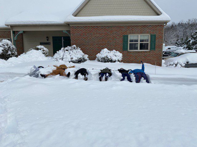 Residents playing in the snow outside the facility