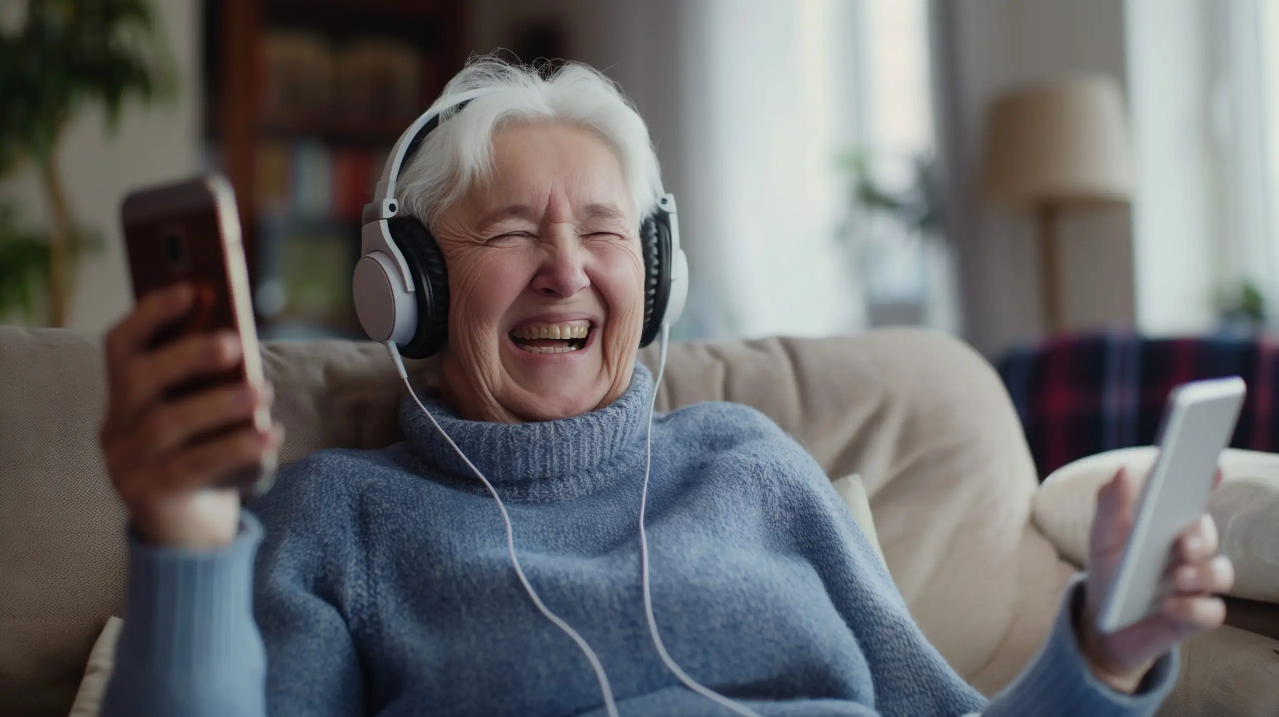 Senior woman enjoying music with headphones