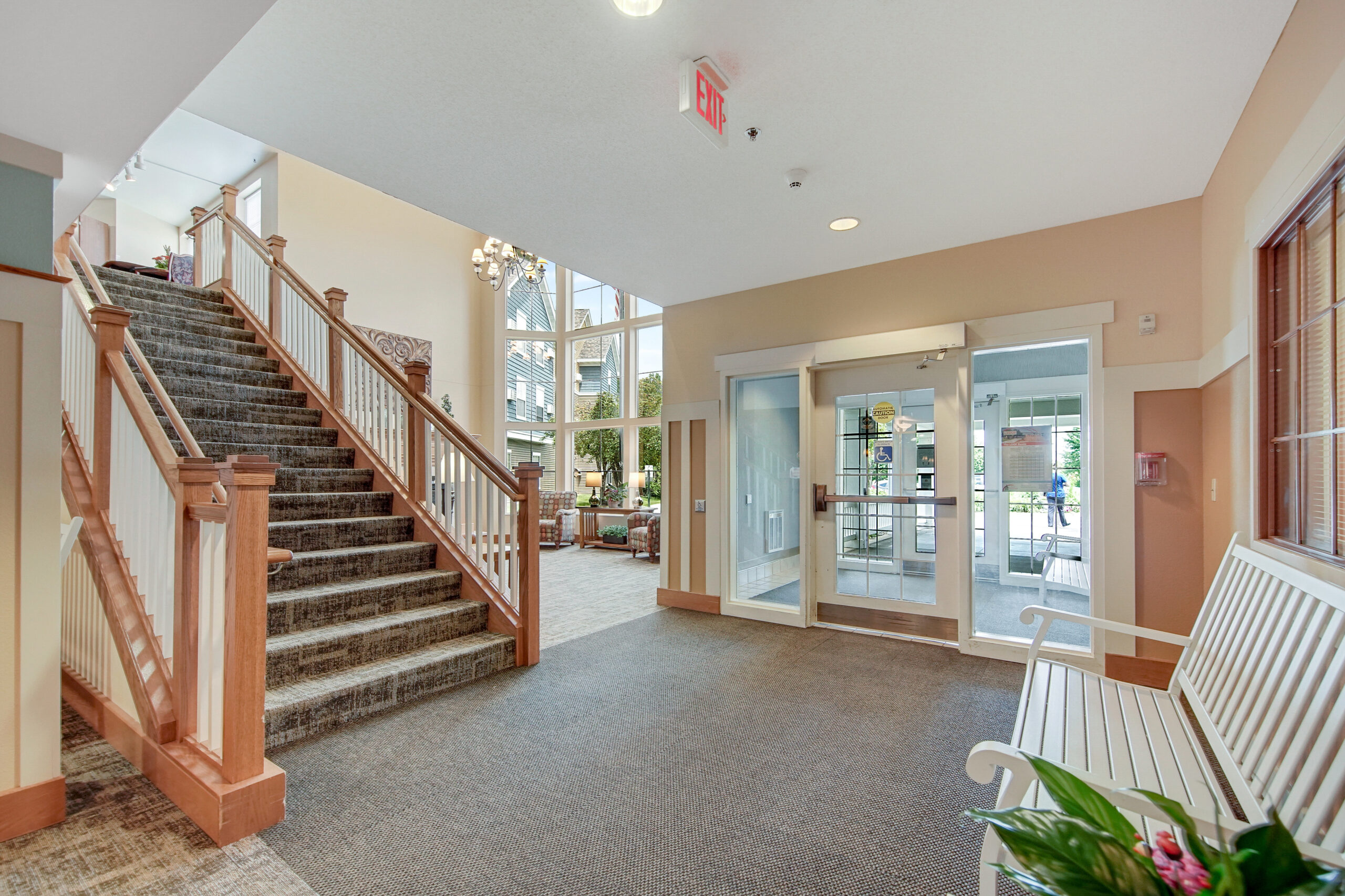 Interior lobby with stairs and seating area