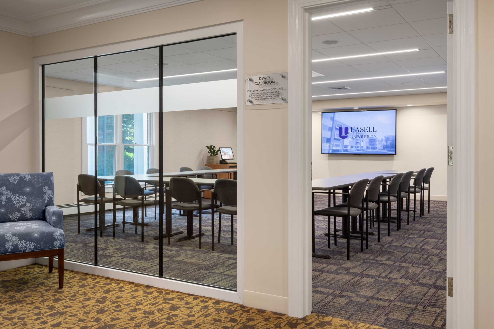Interior view of a conference room with seating