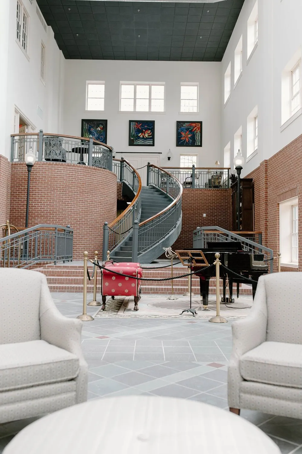 Interior view of a common area with a spiral staircase