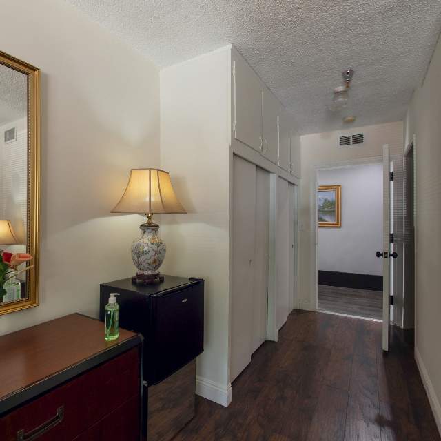 Hallway with a lamp, mirror, and furniture